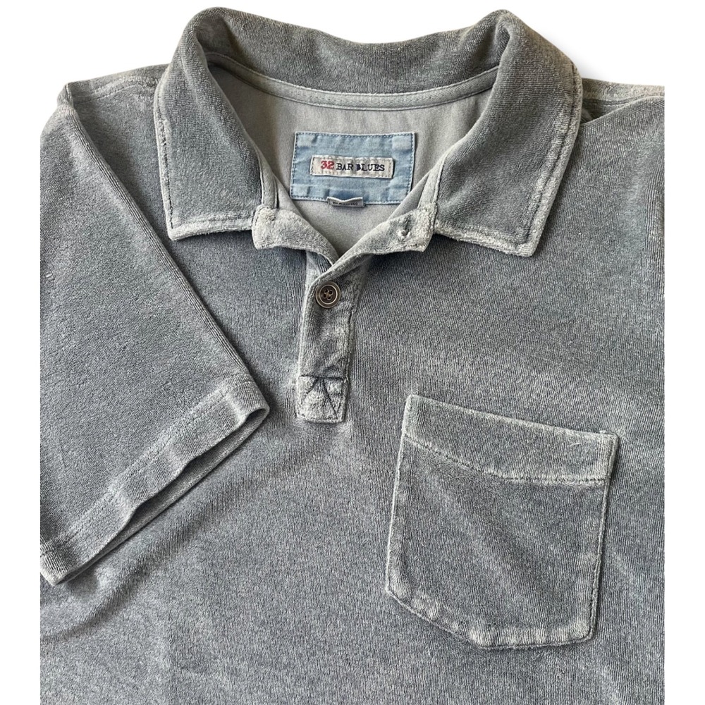 32 Bar Blues Mens Terry Cloth Polo Shirt Blue‎ Gray Short Sleeve Pocket Small